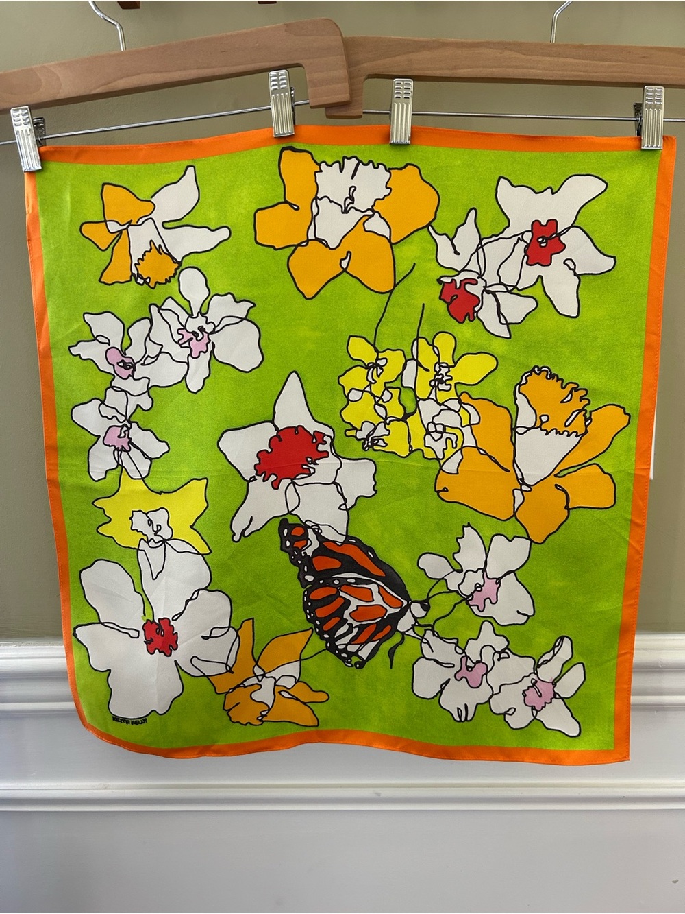 NWOT 21” x 21” Bright Green Floral Silk Scarf with Orange Trim
